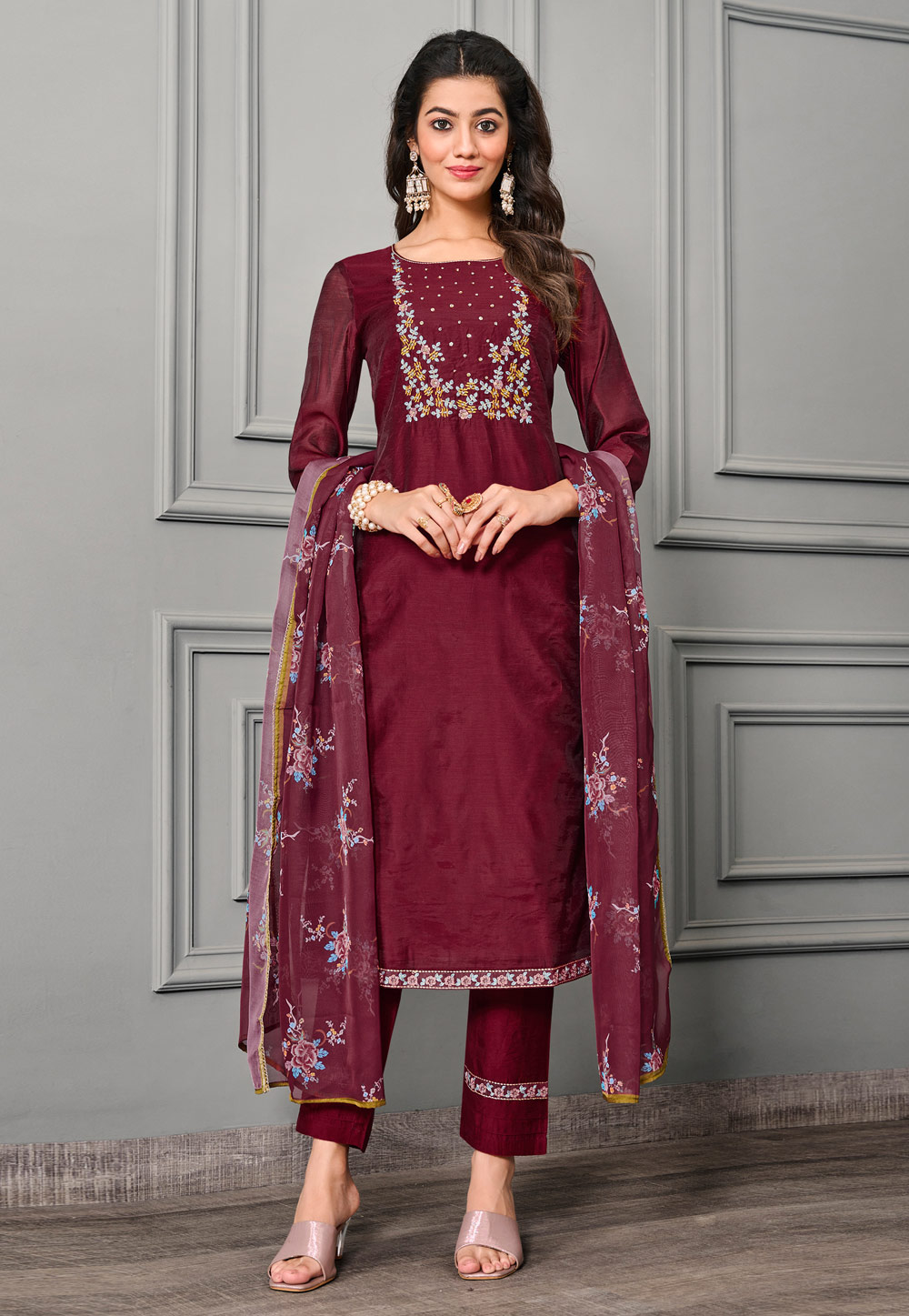 Maroon Cotton Silk Readymade Pant Style Suit 282006