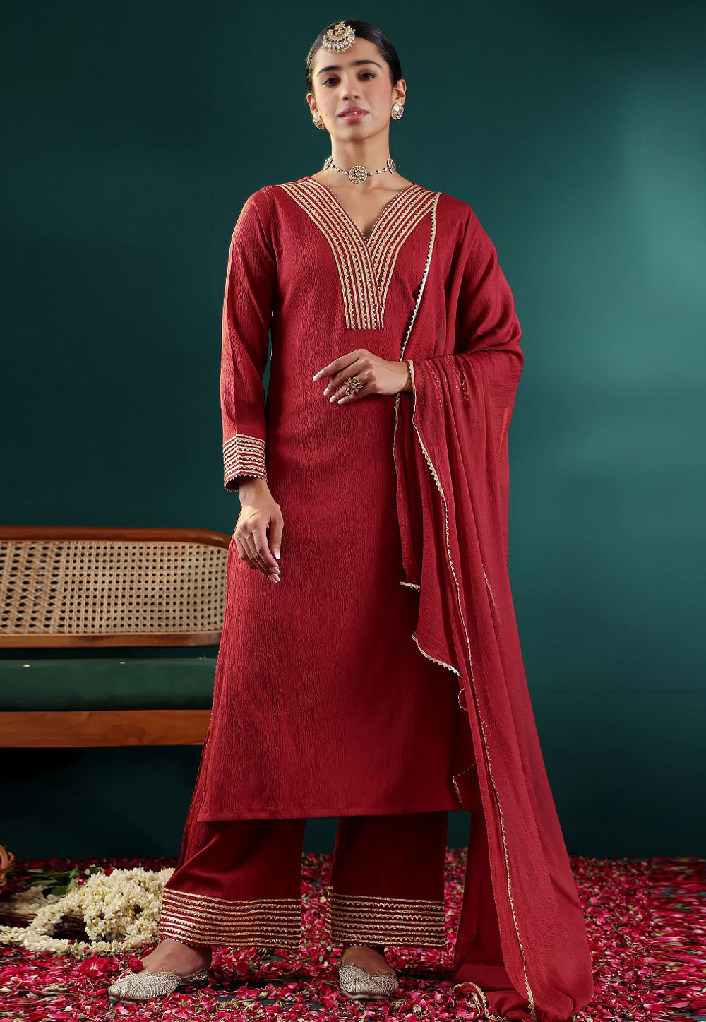 Maroon Crepe Silk Readymade Palazzo Suit 305432