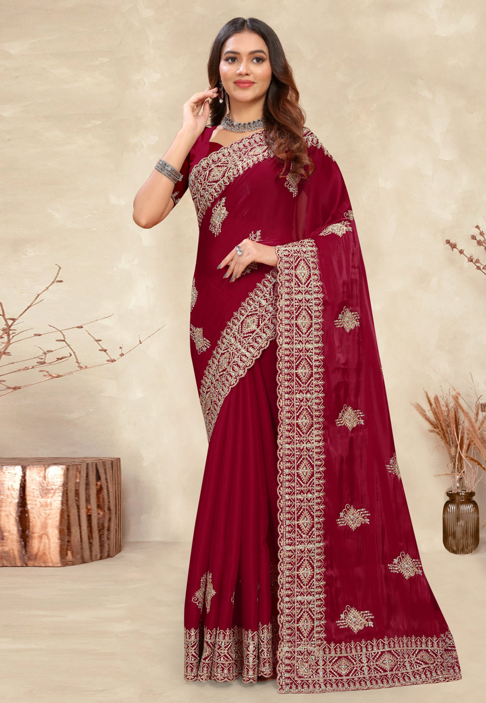 Maroon Crepe Silk Saree With Blouse 282864