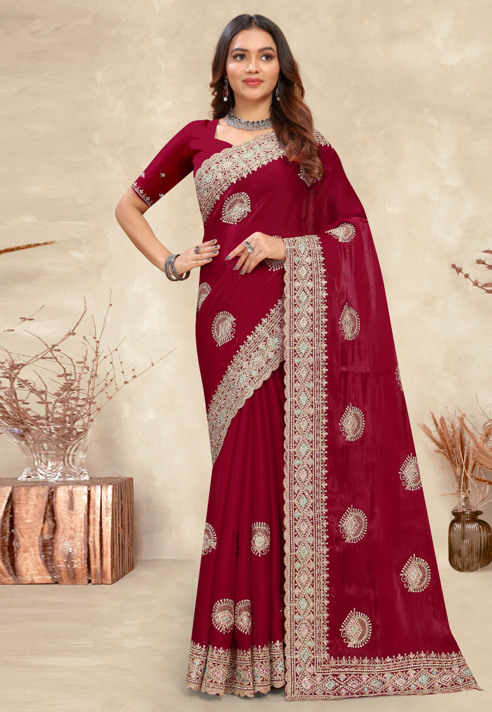 Maroon Crepe Silk Saree With Blouse 282868
