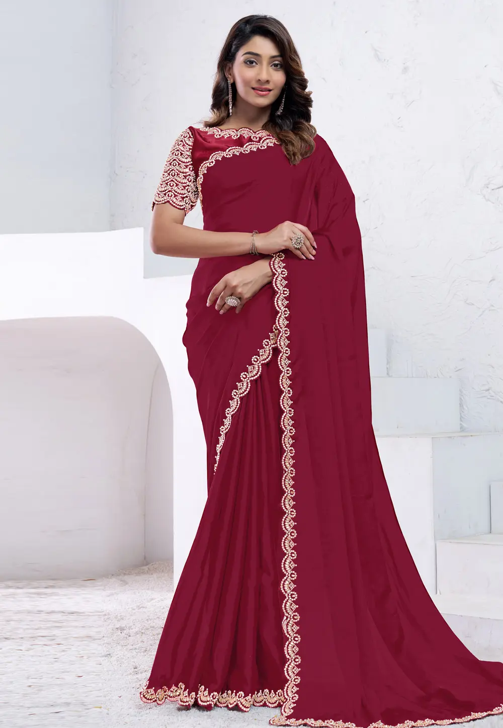 Maroon Crepe Silk Saree With Blouse 301274