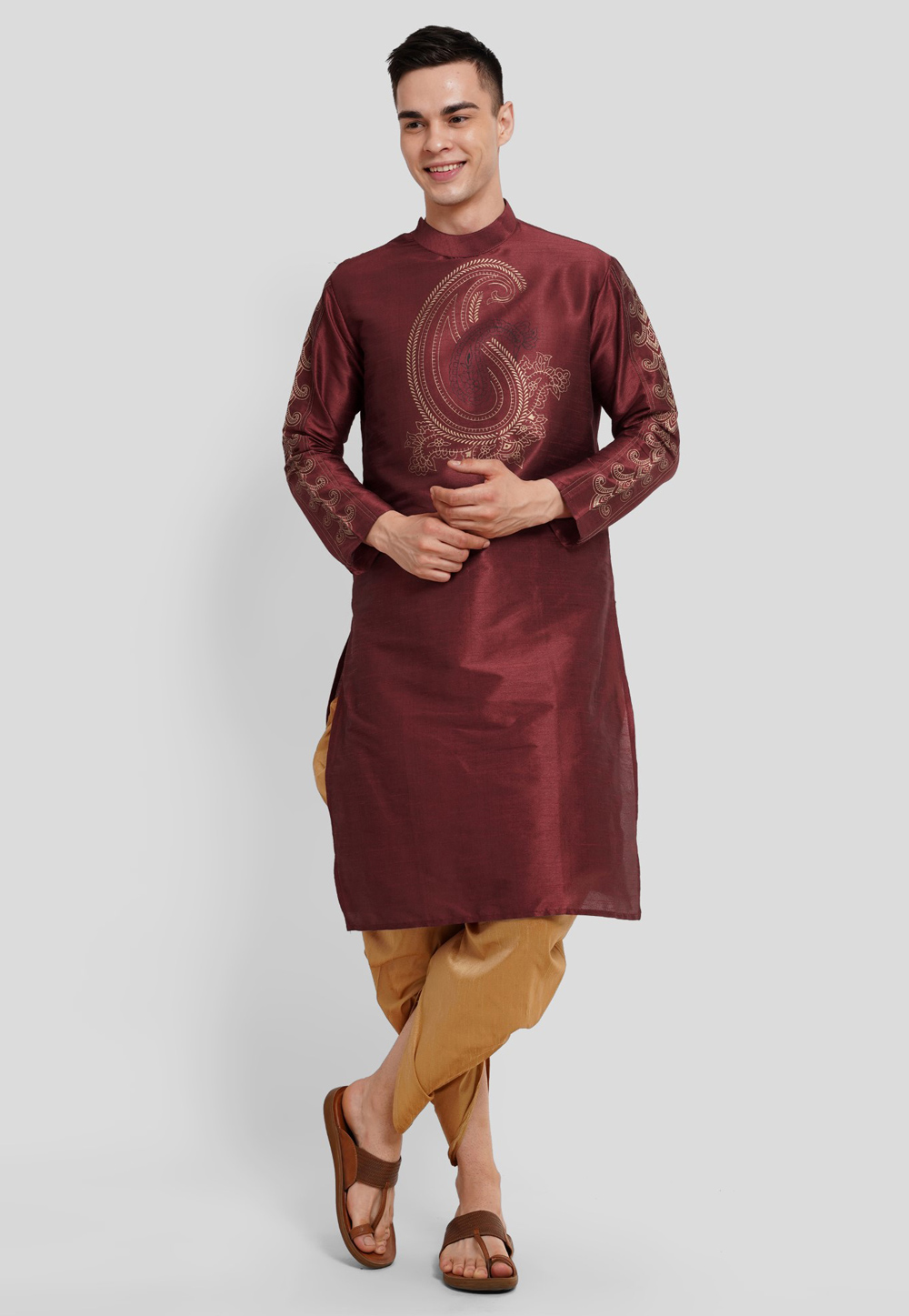 Maroon Dupion Silk Dhoti Kurta 309962