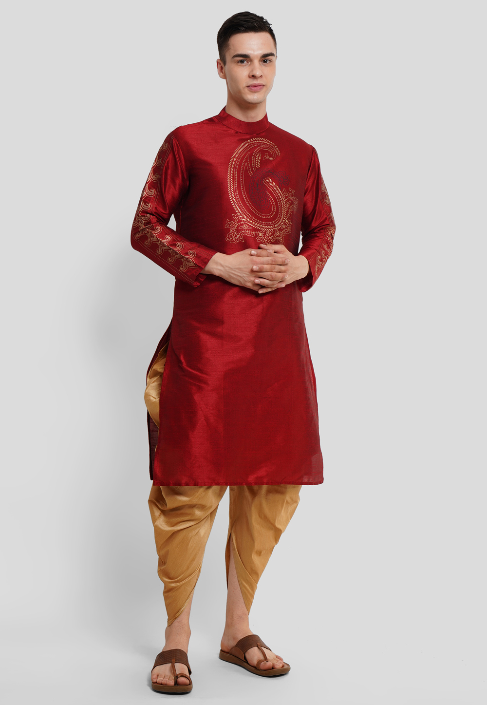 Maroon Dupion Silk Dhoti Kurta 286426