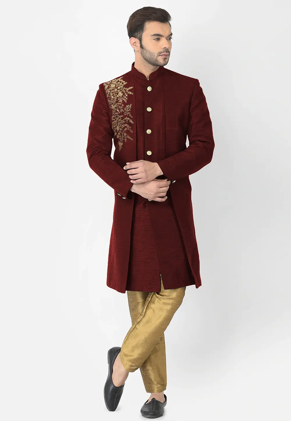 Maroon Dupion Silk Indo Western Suit 298148