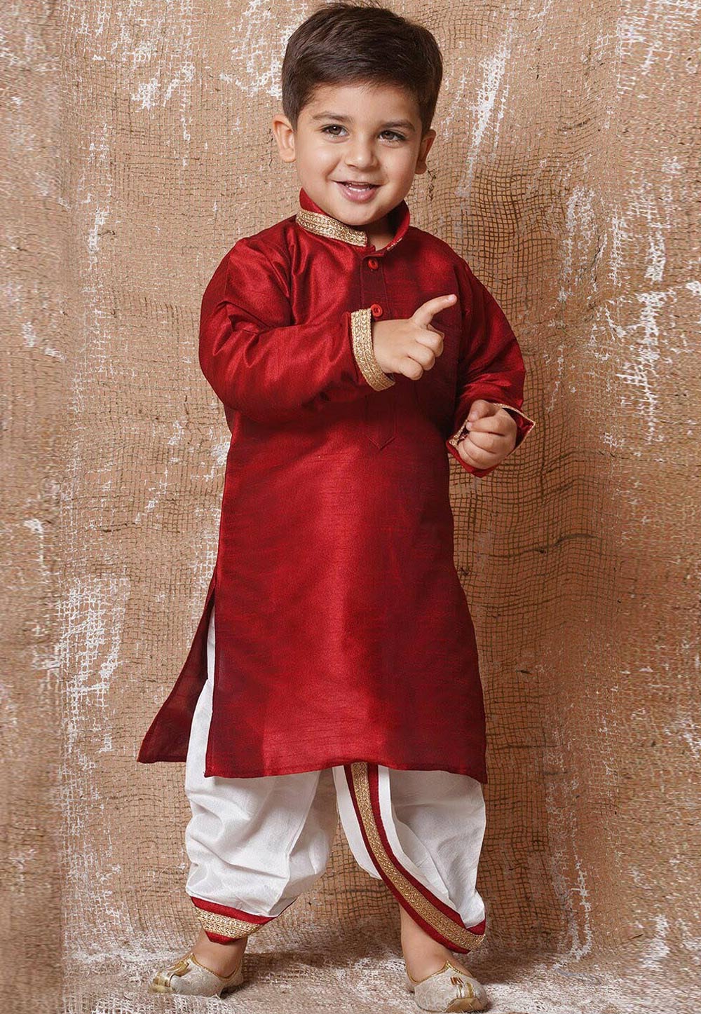 Maroon Dupion Silk Kids Dhoti Kurta 286567