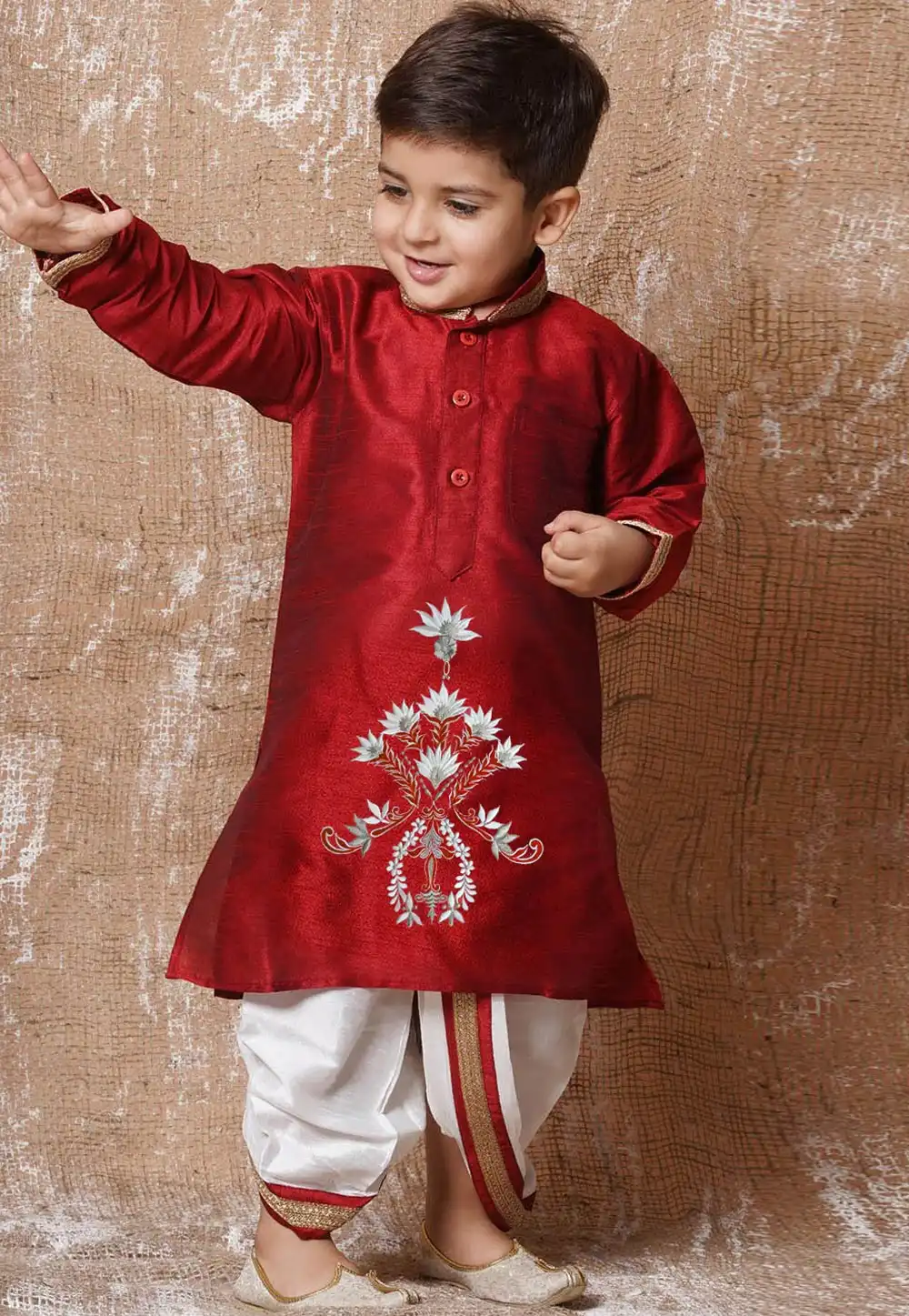 Maroon Dupion Silk Kids Dhoti Kurta 288328