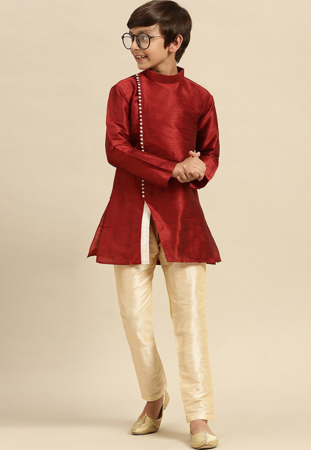 Maroon Dupion Silk Kids Kurta Pajama 286220