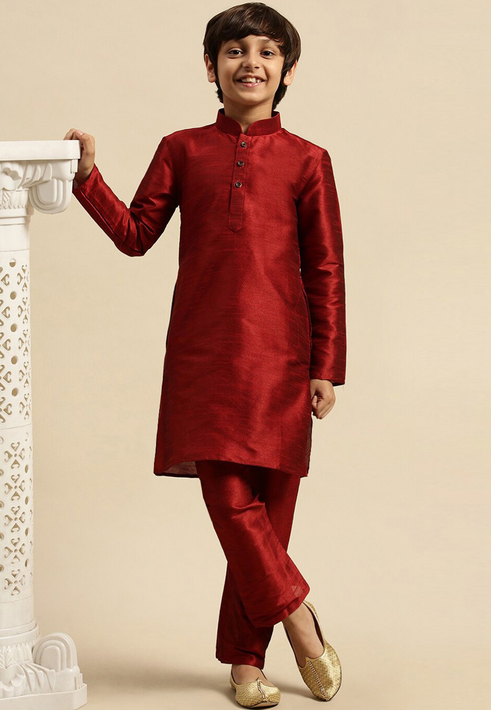 Maroon Dupion Silk Kids Kurta Pajama 286562