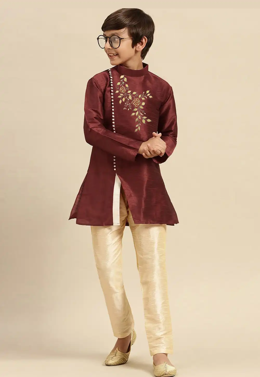 Maroon Dupion Silk Kids Kurta Pajama 289220