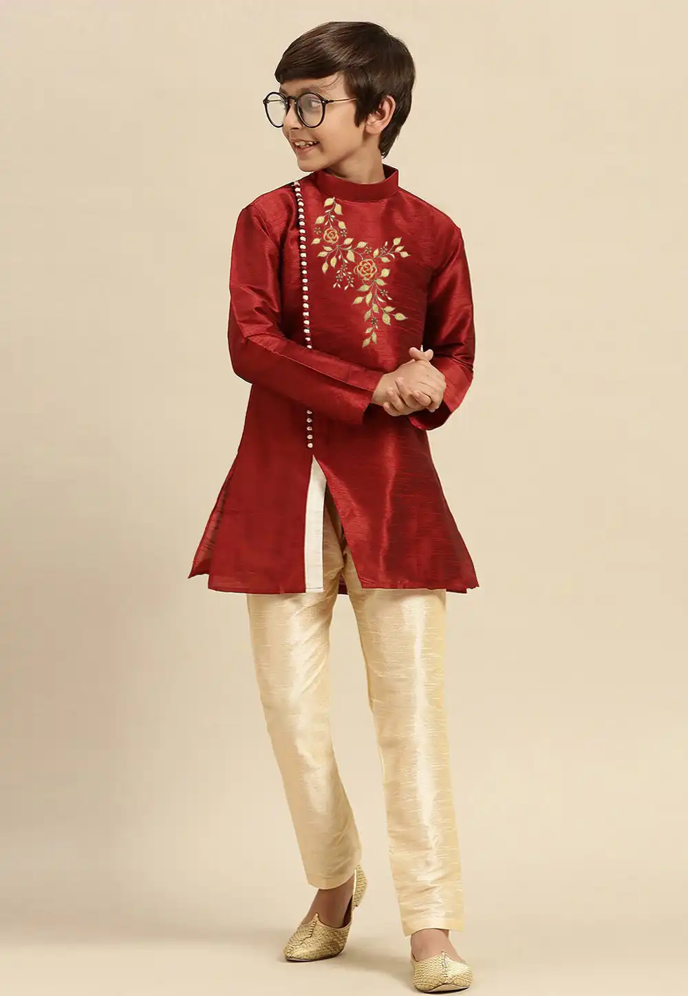 Maroon Dupion Silk Kids Kurta Pajama 288312