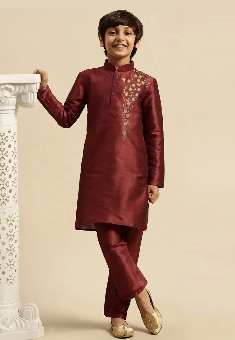 Maroon Dupion Silk Kids Kurta Pajama 289229