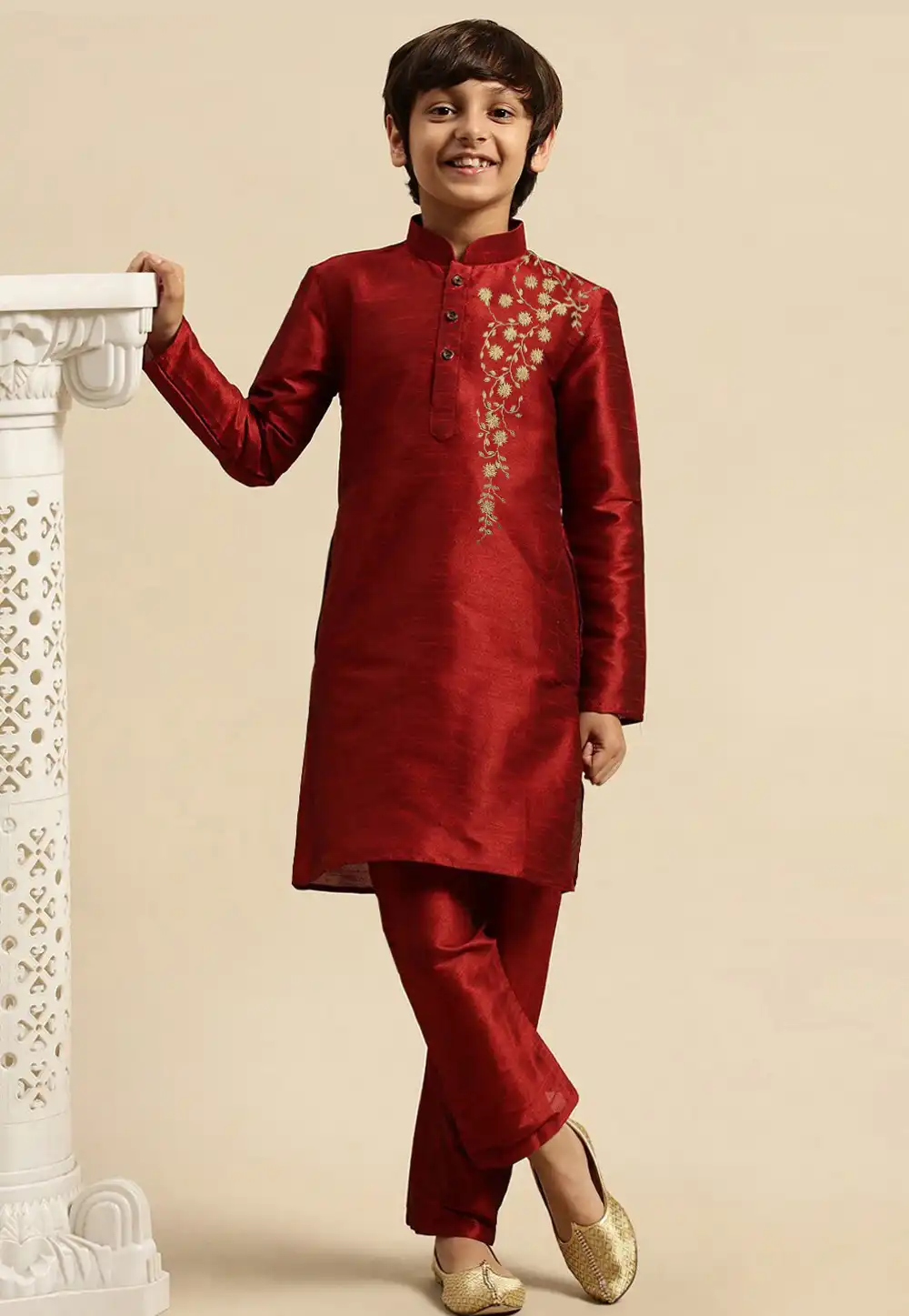 Maroon Dupion Silk Kids Kurta Pajama 288321