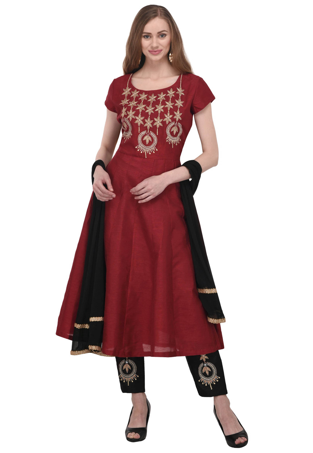 Maroon Dupion Silk Readymade Pant Style Suit 309847