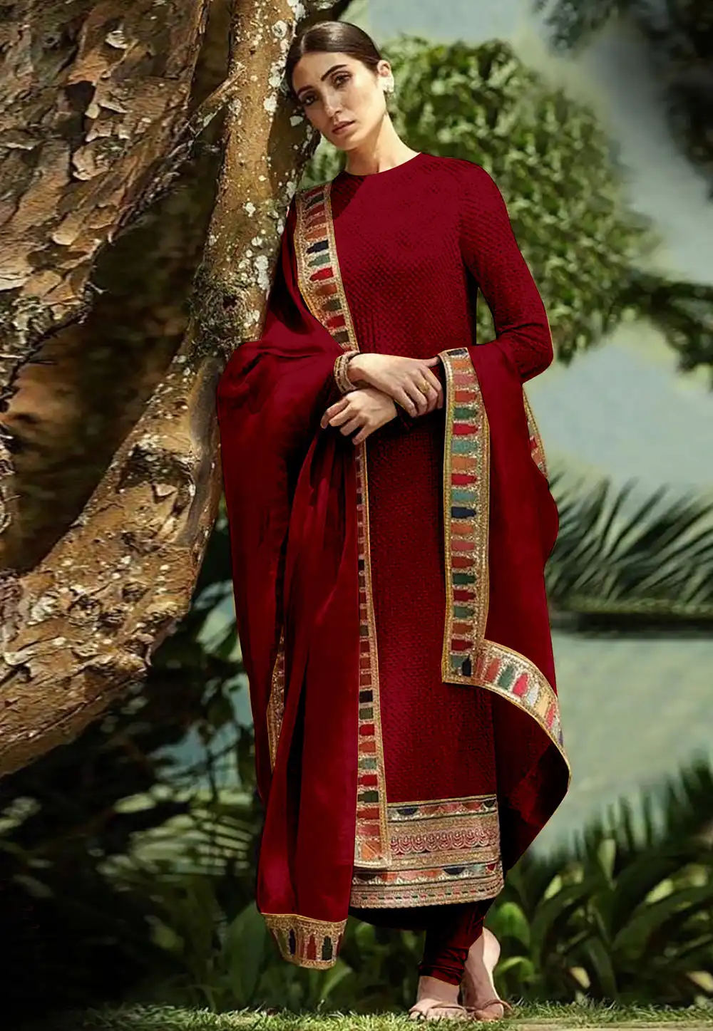 Maroon Faux Georgette Churidar Salwar Suit 292139