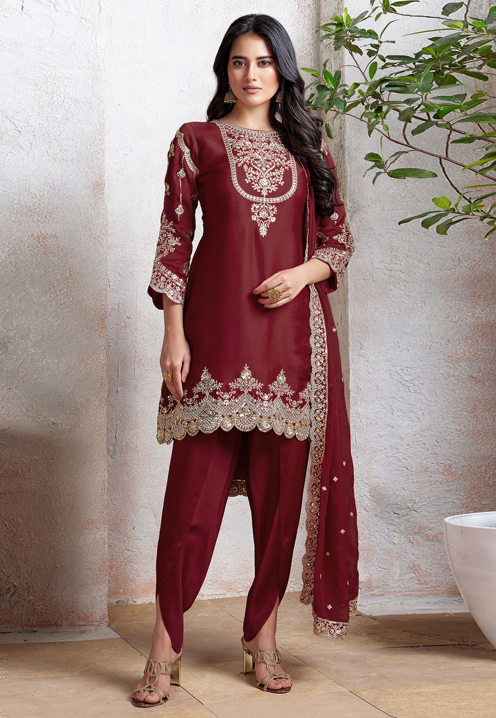 Maroon Faux Georgette Dhoti Style Suit 311235