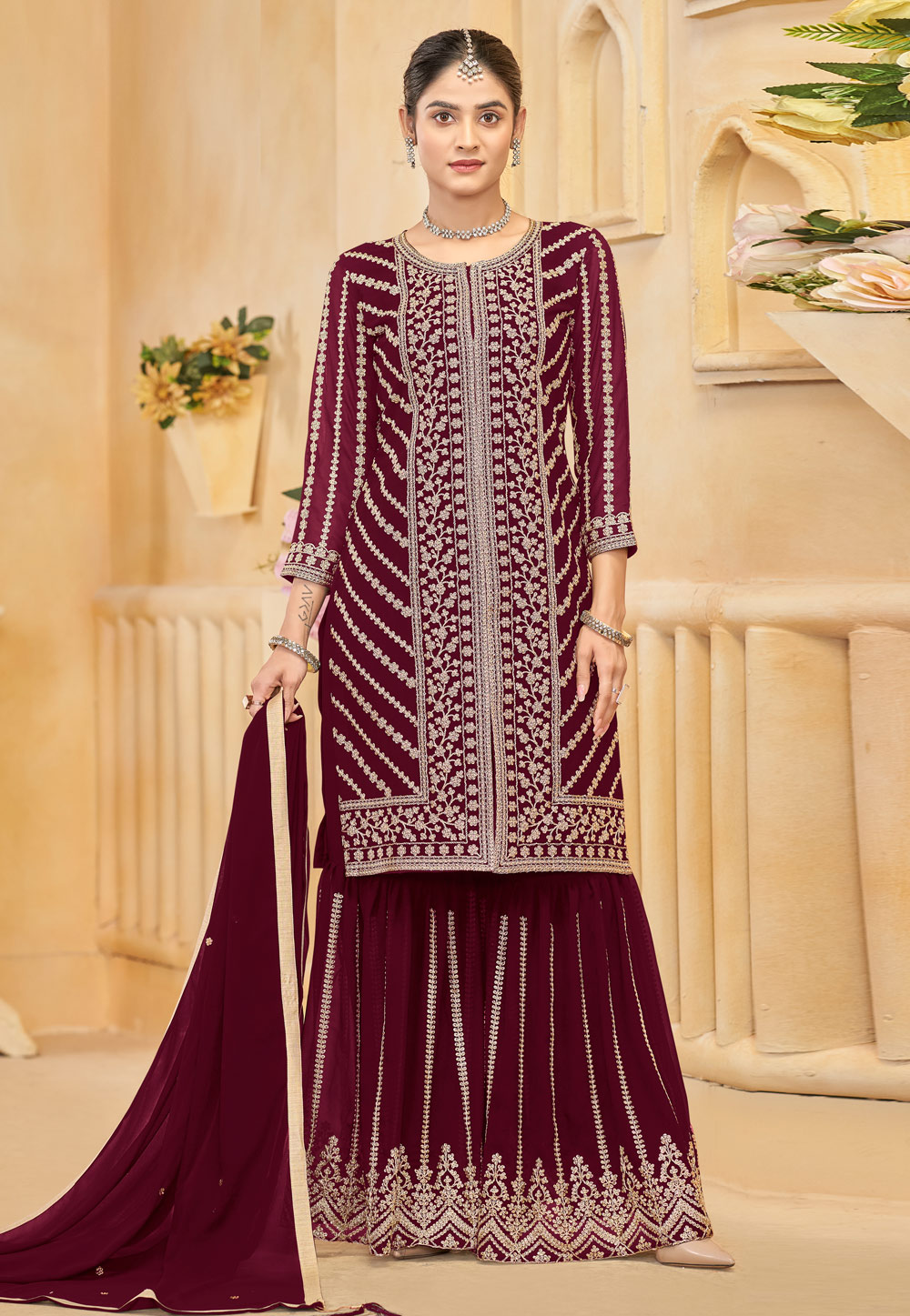 Maroon Faux Georgette Embroidered Gharara Suit 306313