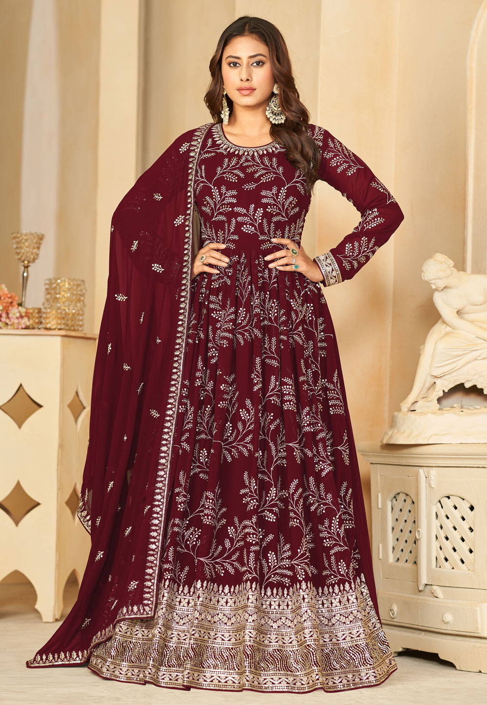 Maroon Faux Georgette Embroidered Long Anarkali Suit 281907