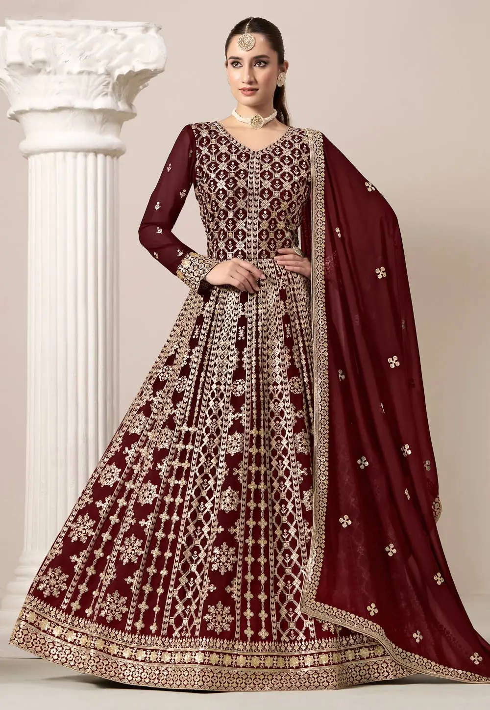 Maroon Faux Georgette Embroidered Long Anarkali Suit 296589