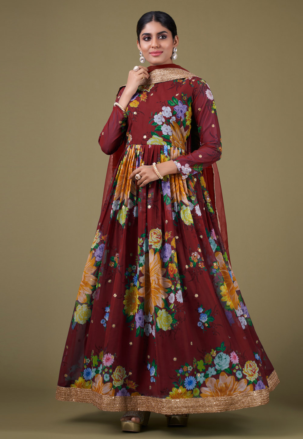 Maroon Faux Georgette Floral Print Long Anarkali Suit 282043