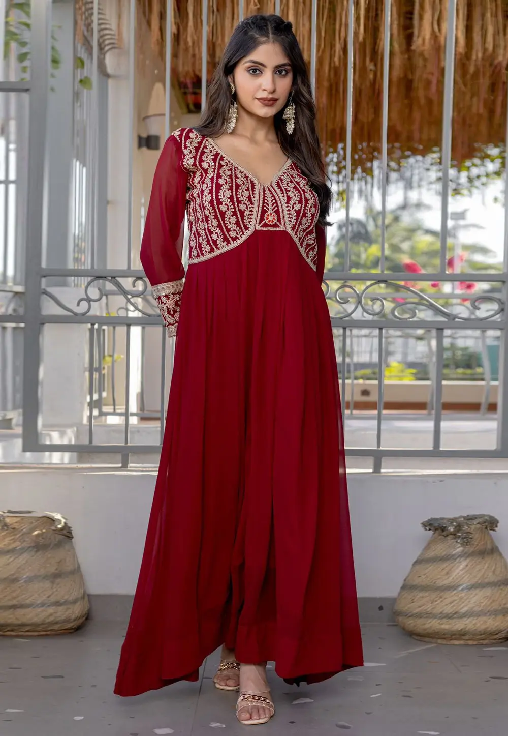 Maroon Faux Georgette Gown 304054