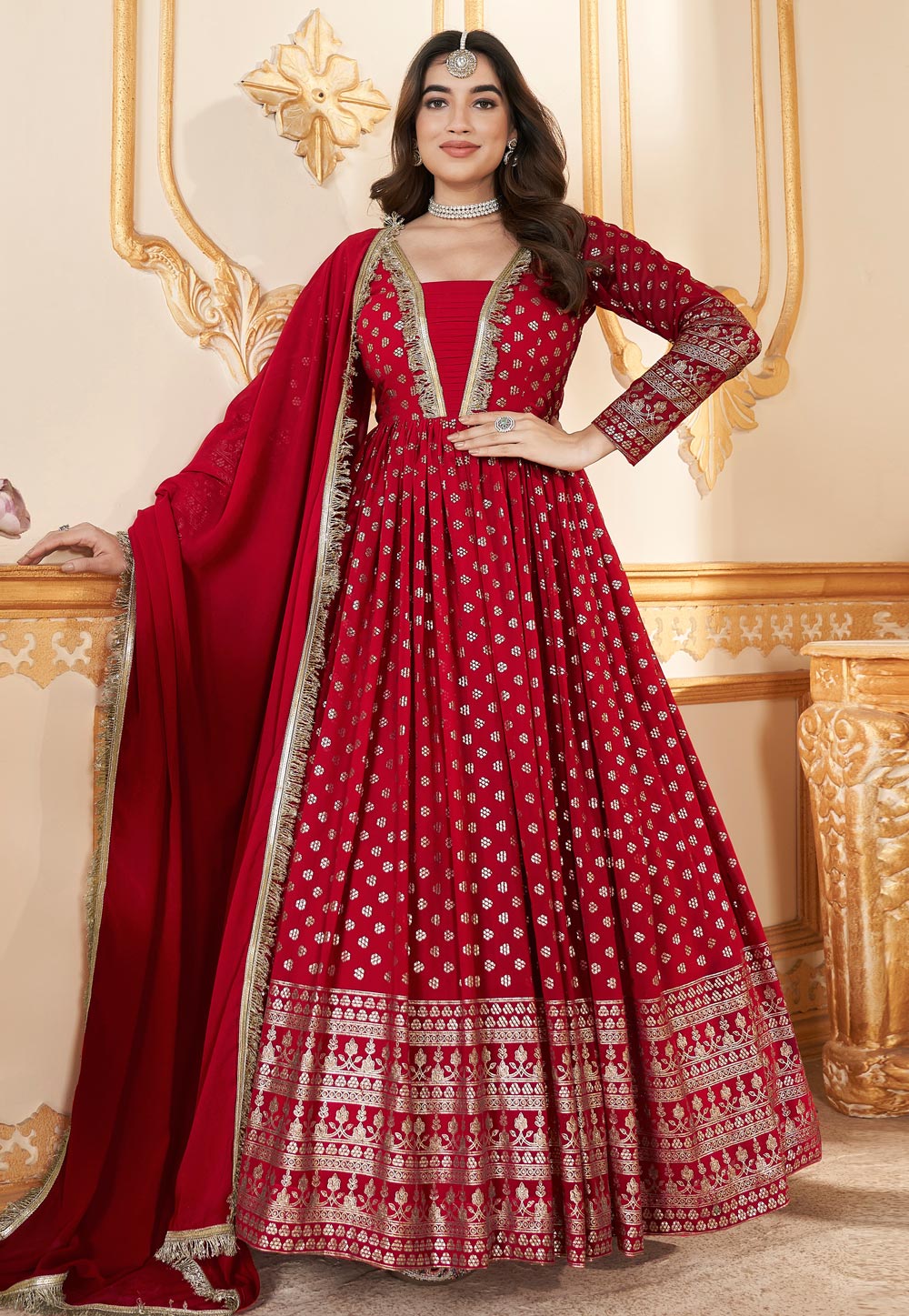 Red Faux Georgette Long Anarkali Suit 284695