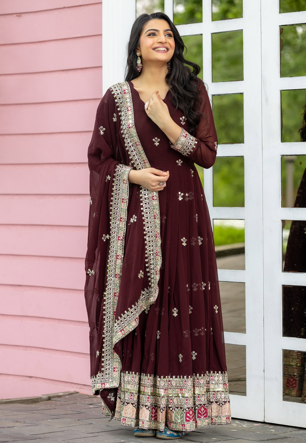 Maroon Faux Georgette Readymade Anarkali Suit 305749