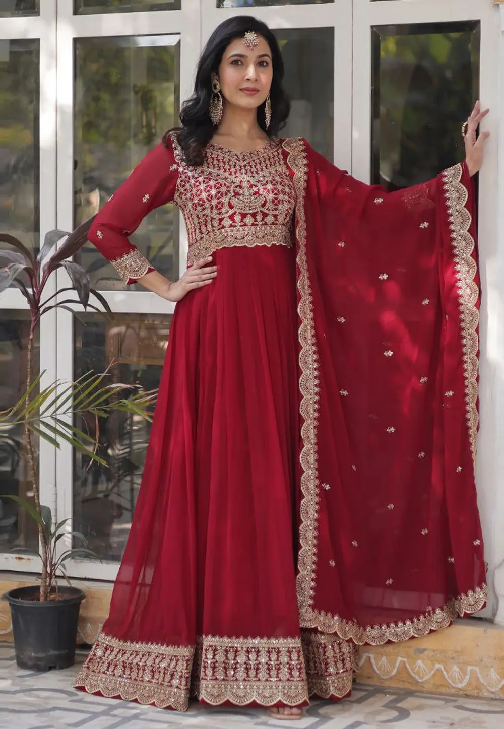 Maroon Faux Georgette Readymade Anarkali Suit 303191