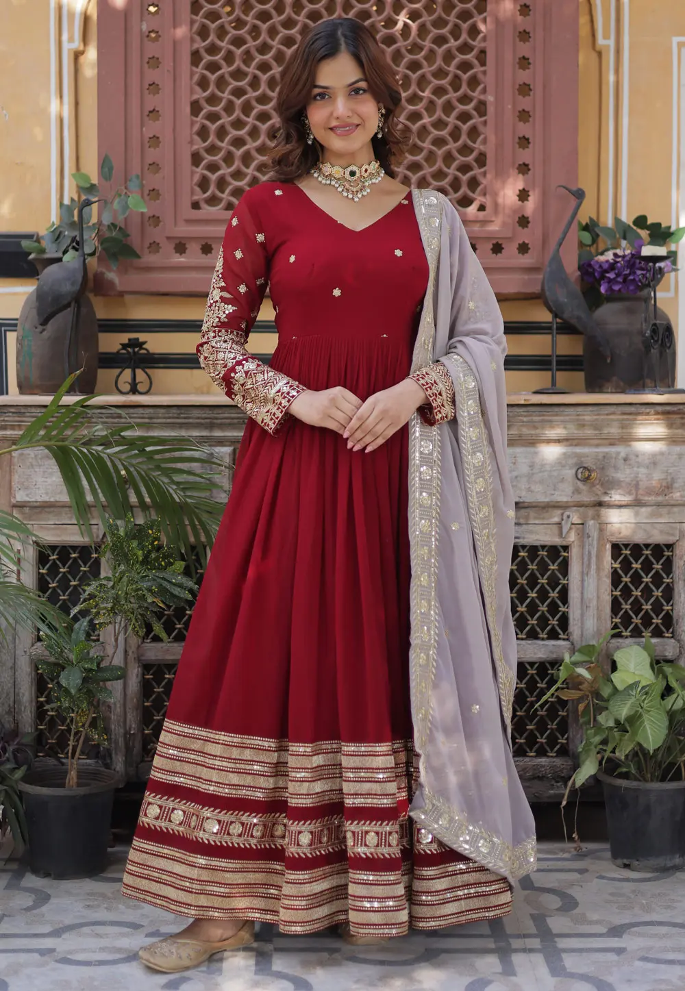 Maroon Faux Georgette Readymade Anarkali Suit 304454