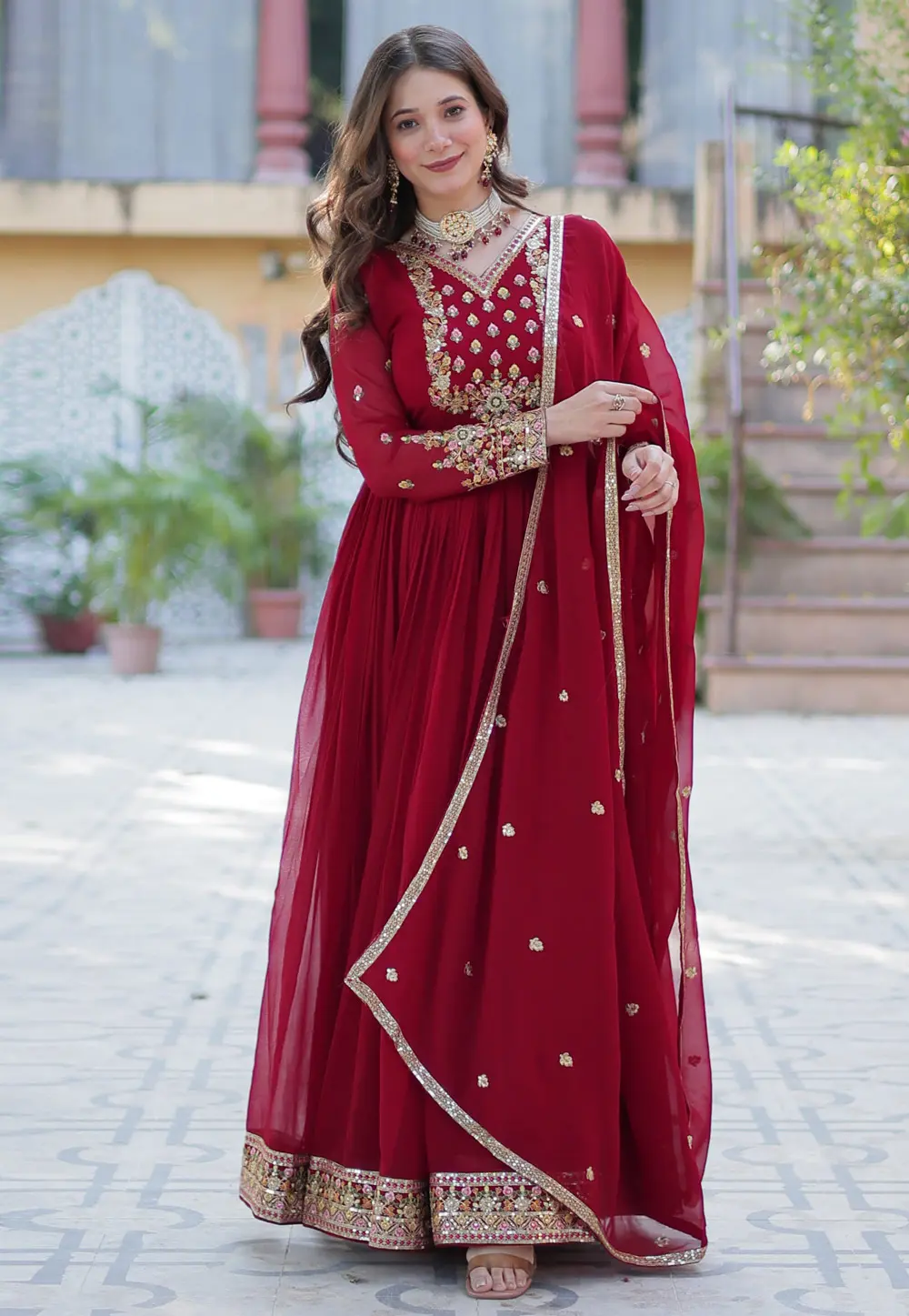 Maroon Faux Georgette Readymade Anarkali Suit 304460