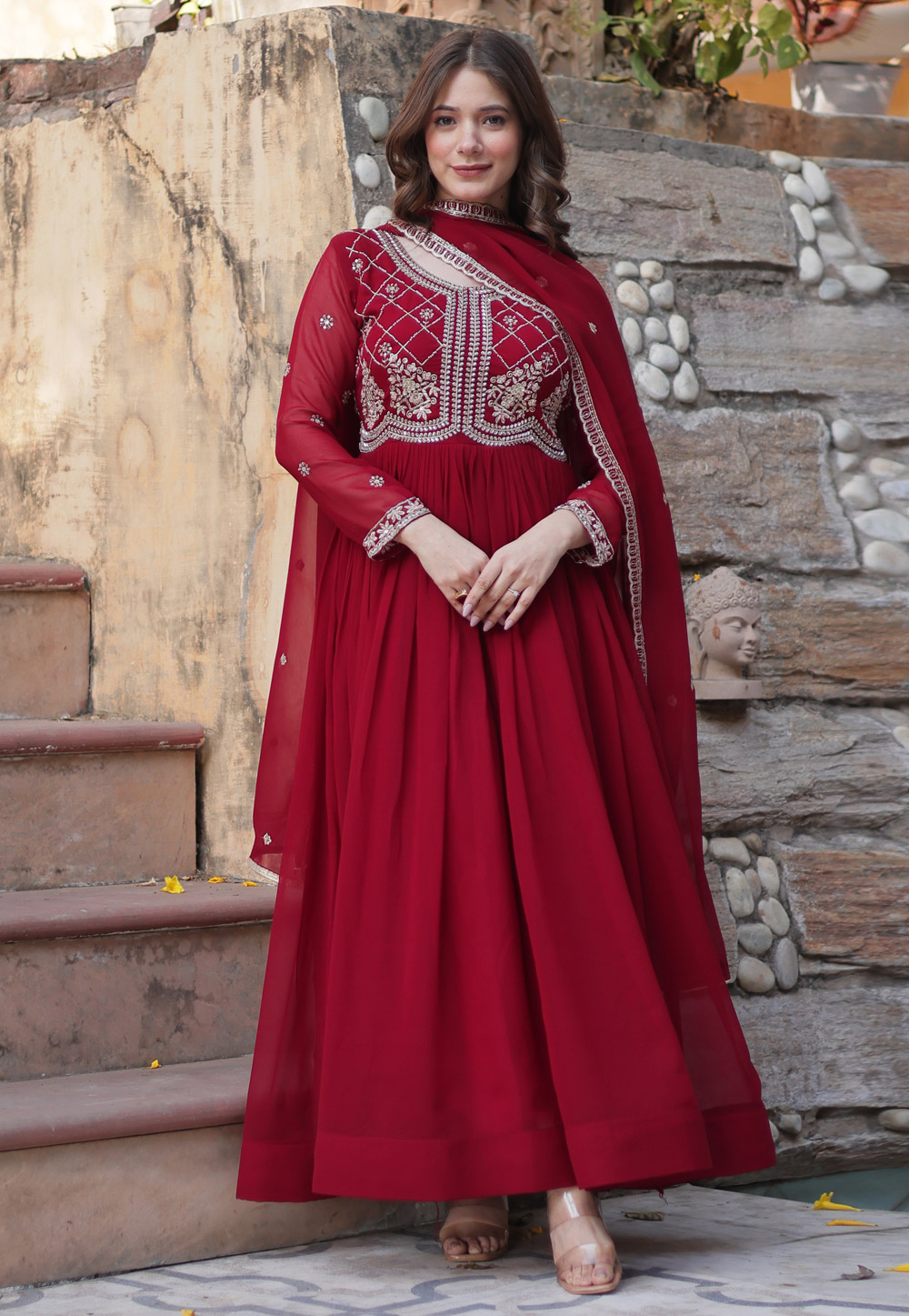 Maroon Faux Georgette Readymade Anarkali Suit 309340