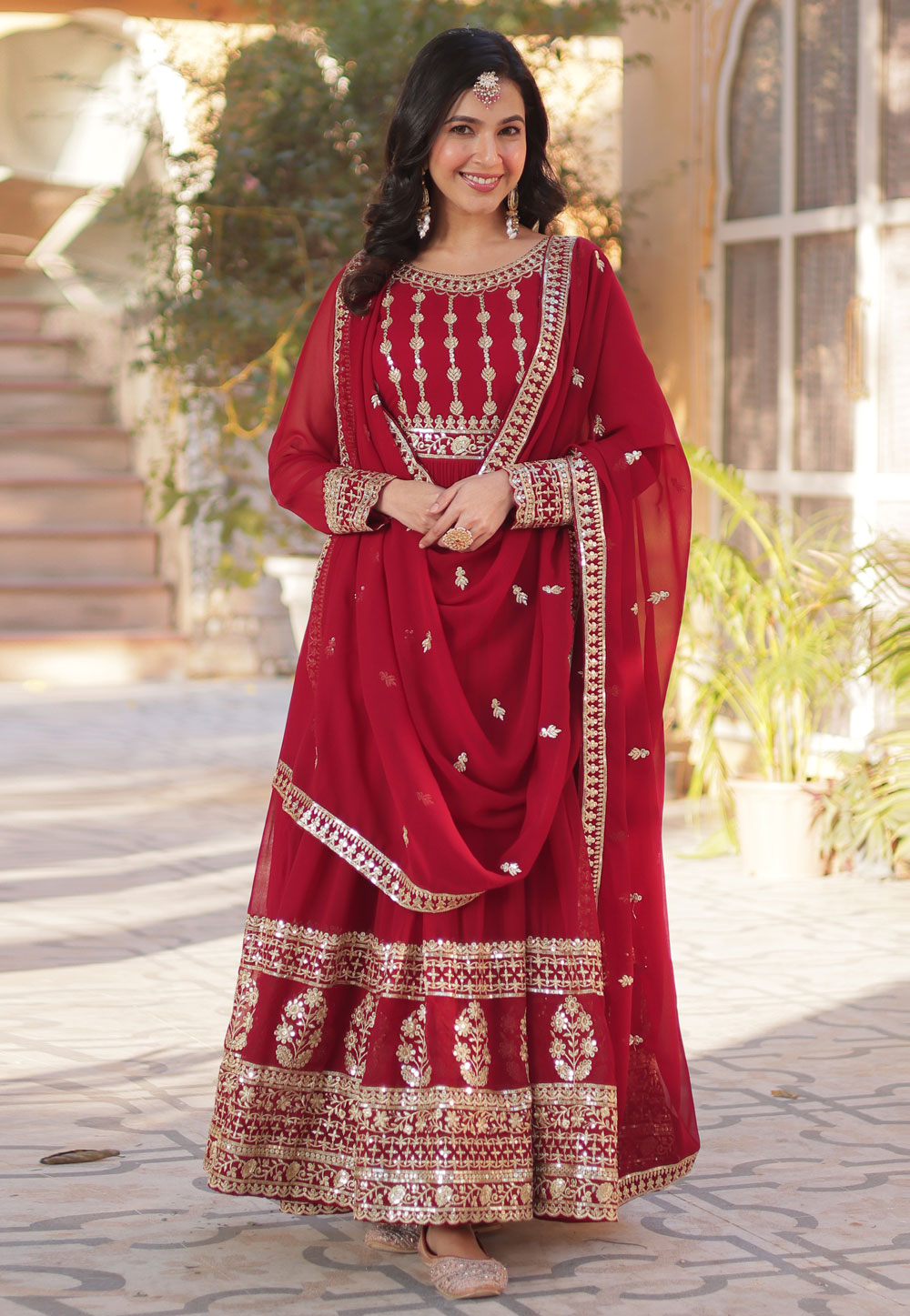 Maroon Faux Georgette Readymade Anarkali Suit 305750