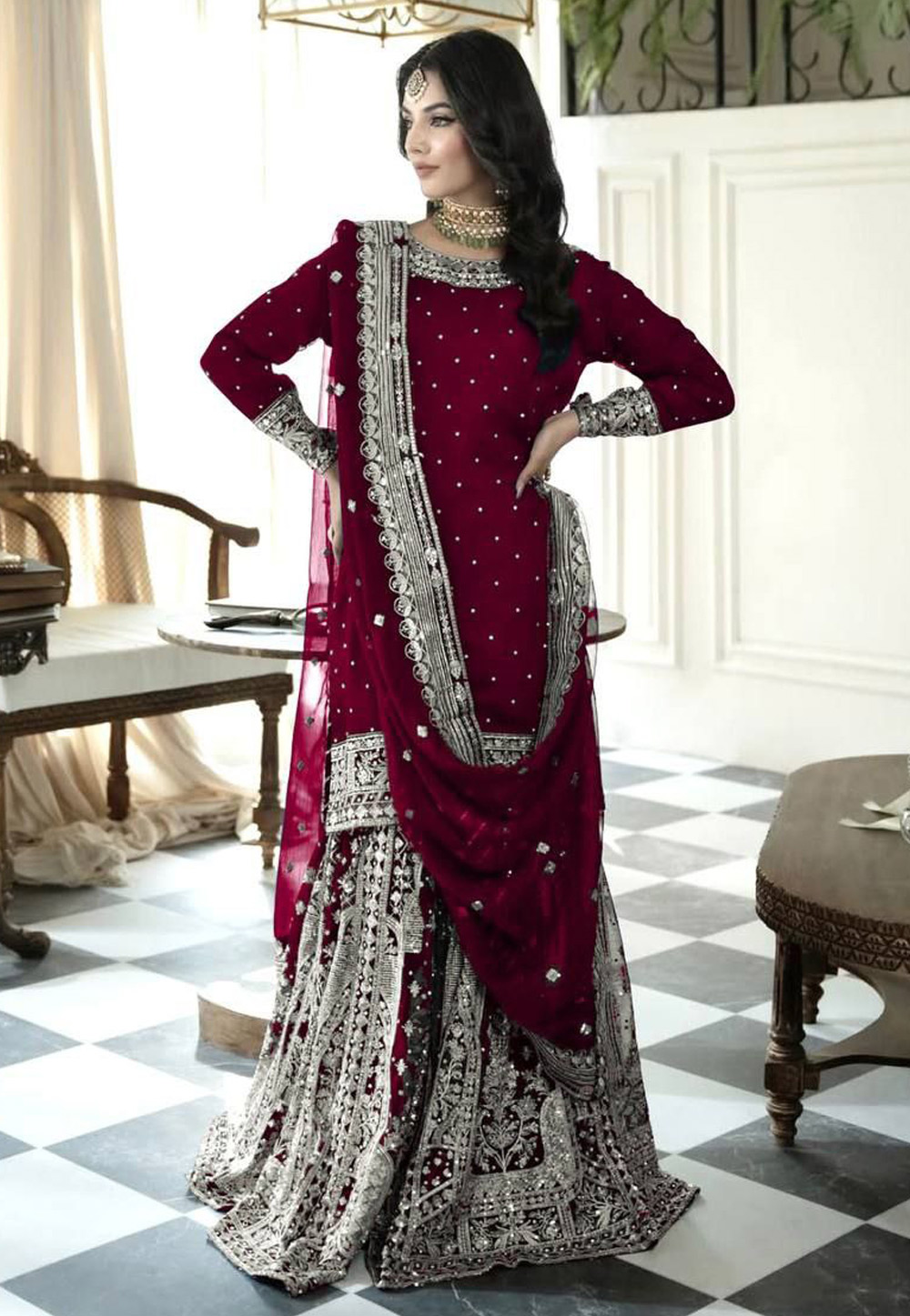 Maroon Faux Georgette Readymade Gharara Suit 305746