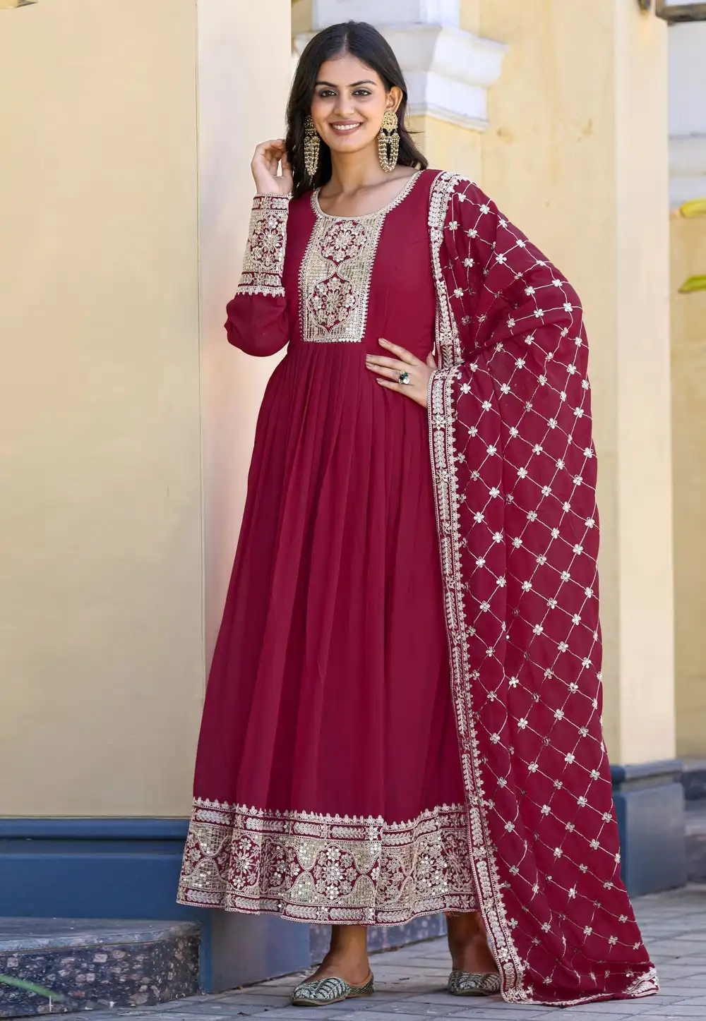 Maroon Faux Georgette Readymade Long Anarkali Suit 290945