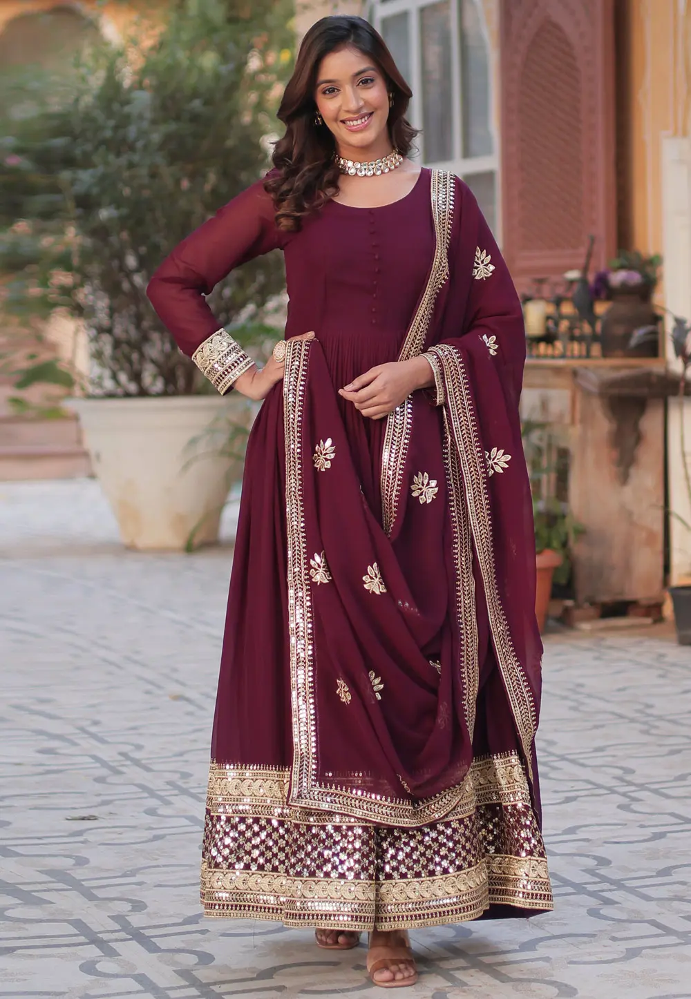 Maroon Faux Georgette Readymade Long Anarkali Suit 301635