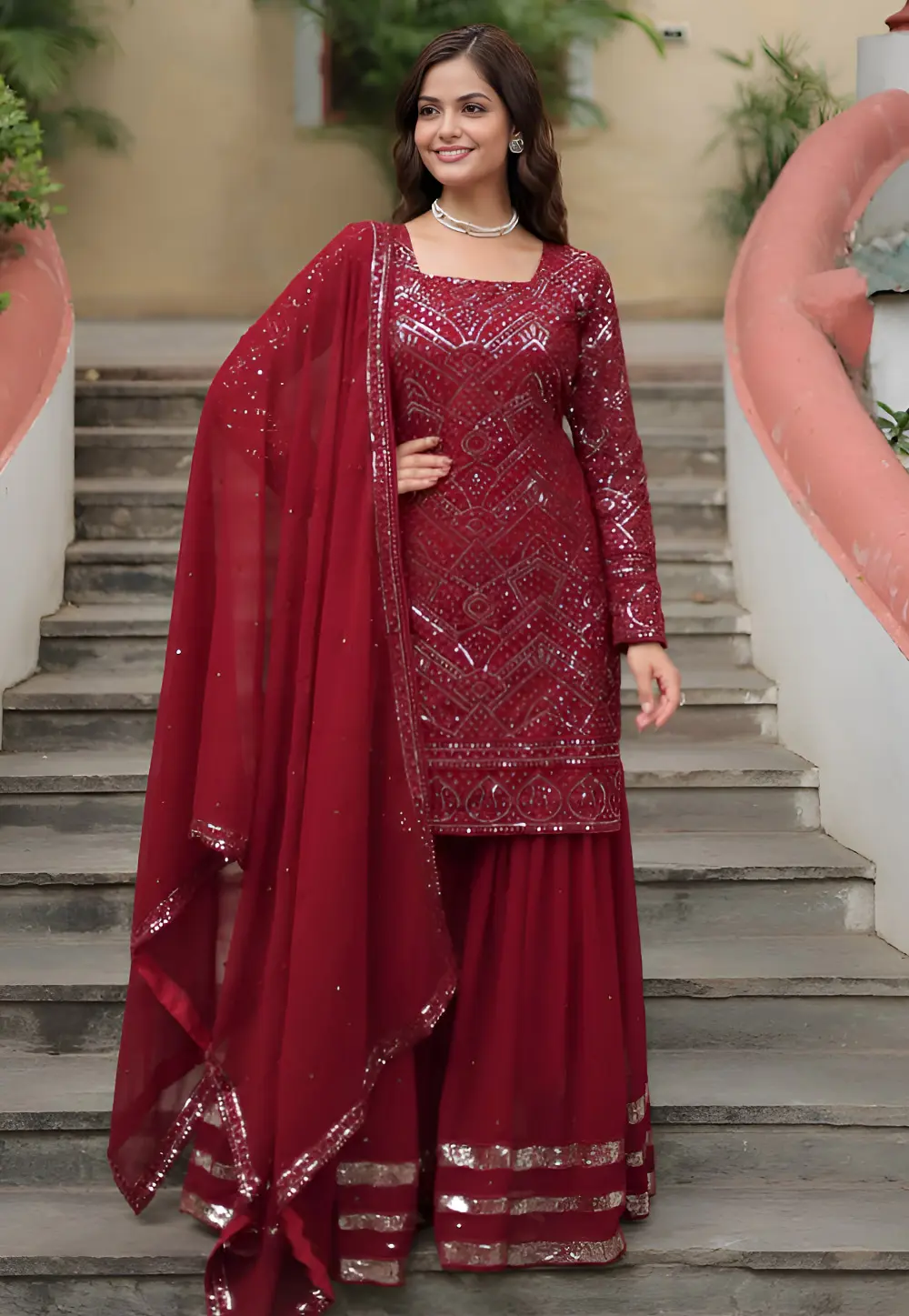 Maroon Faux Georgette Readymade Sharara Suit 299327