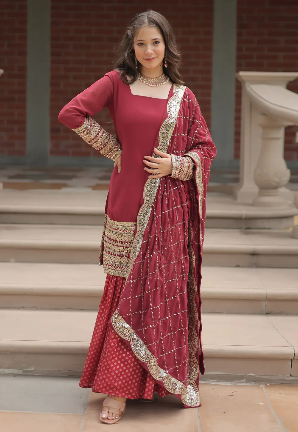 Maroon Faux Georgette Readymade Sharara Suit 299776