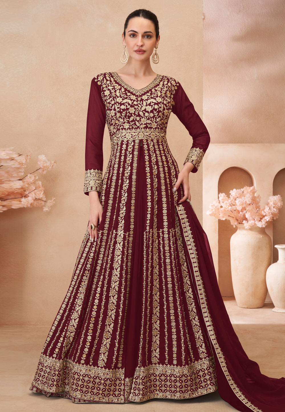 Maroon Georgette Embroidered Anarkali Suit 305317