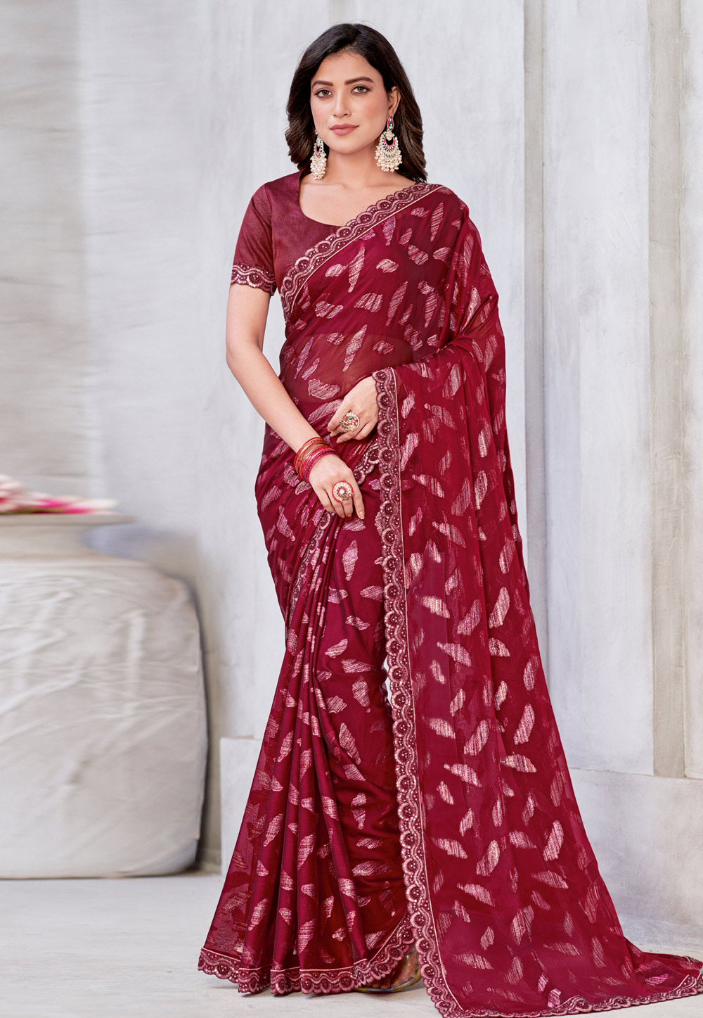 Maroon Georgette Jacquard Saree With Blouse 283598