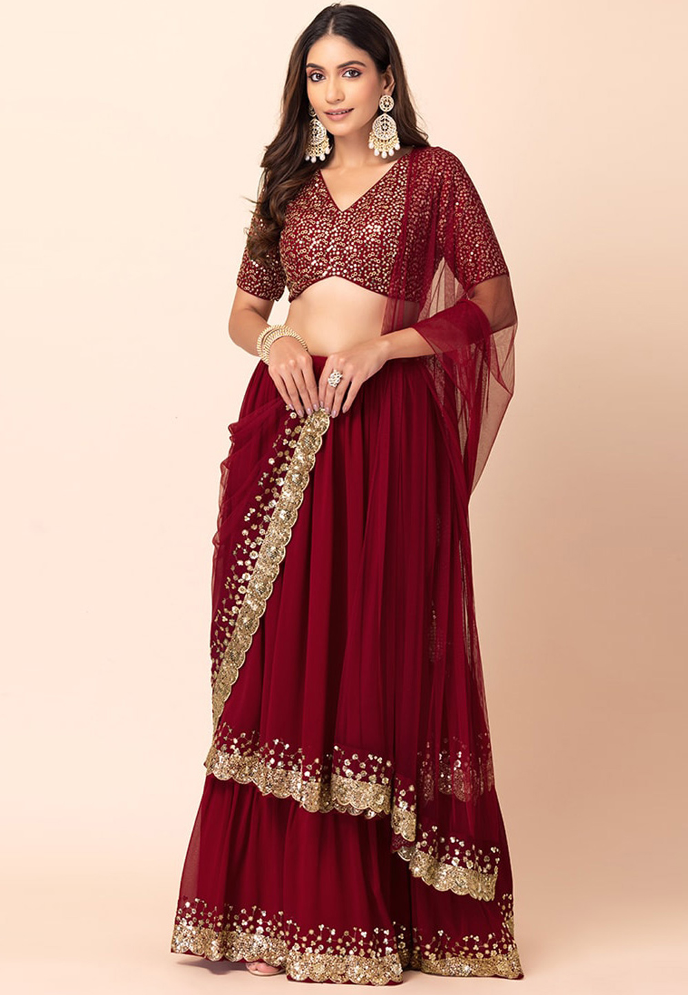 Maroon Georgette Layered Lehenga Choli 305306