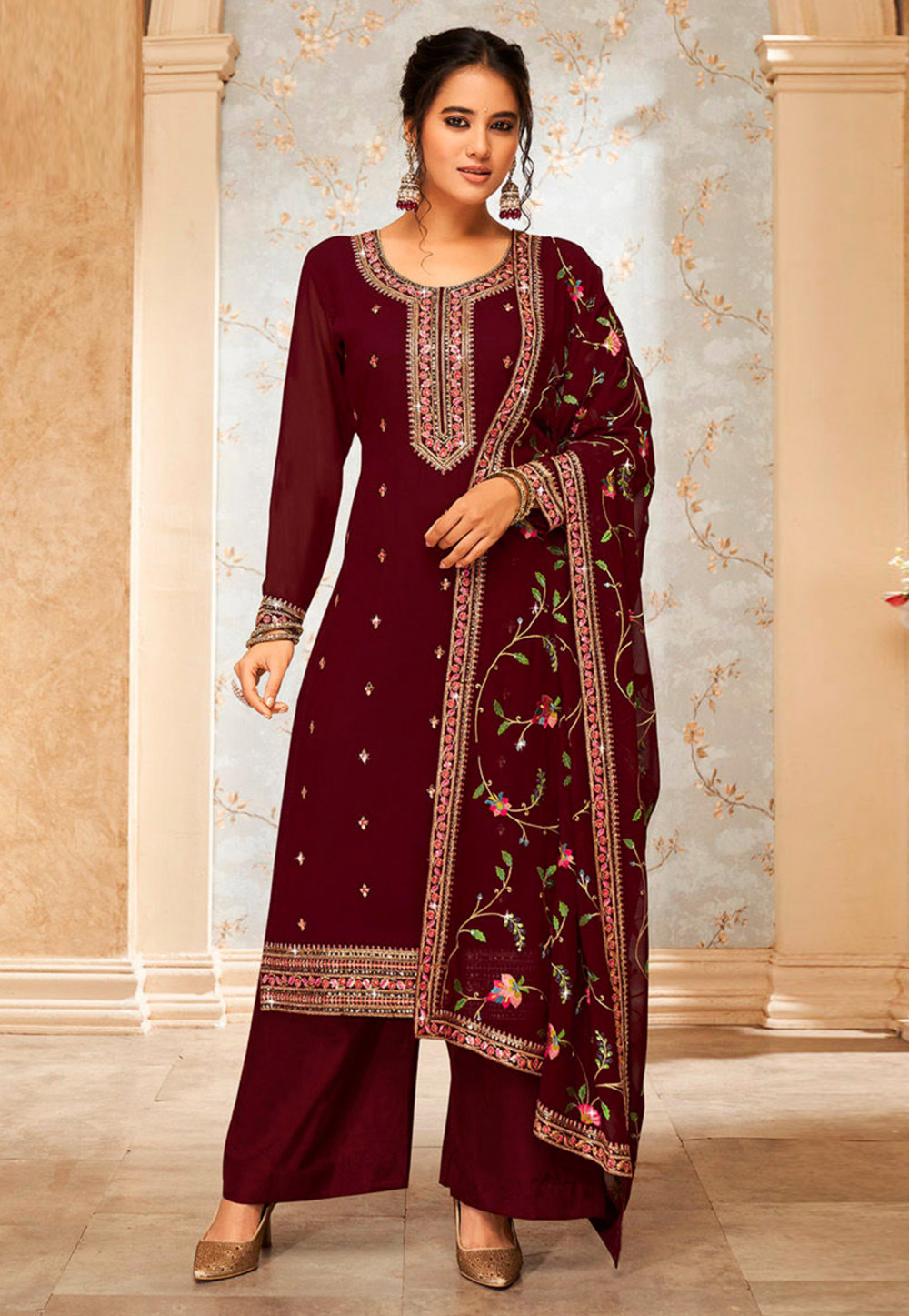 Maroon Georgette Pakistani Suit 285557