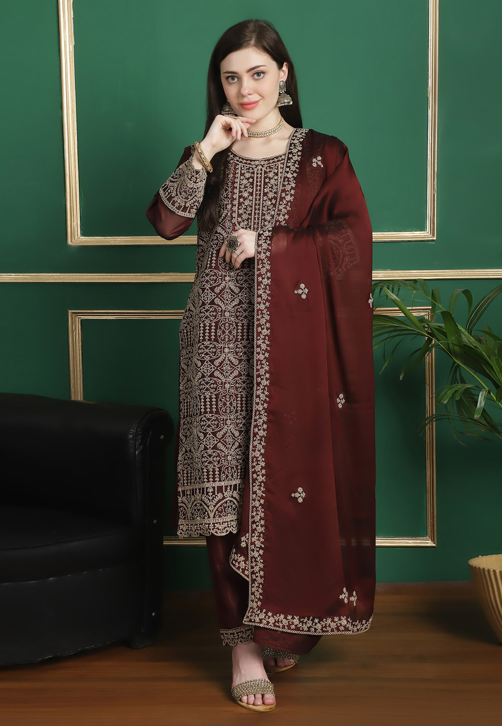 Maroon Georgette Pant Style Suit 309892