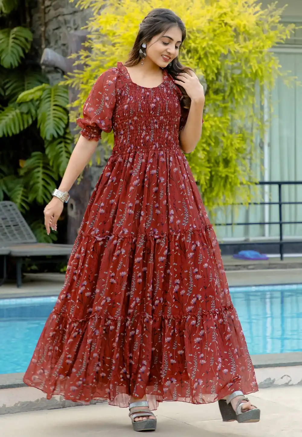 Maroon Georgette Printed Gown 291379