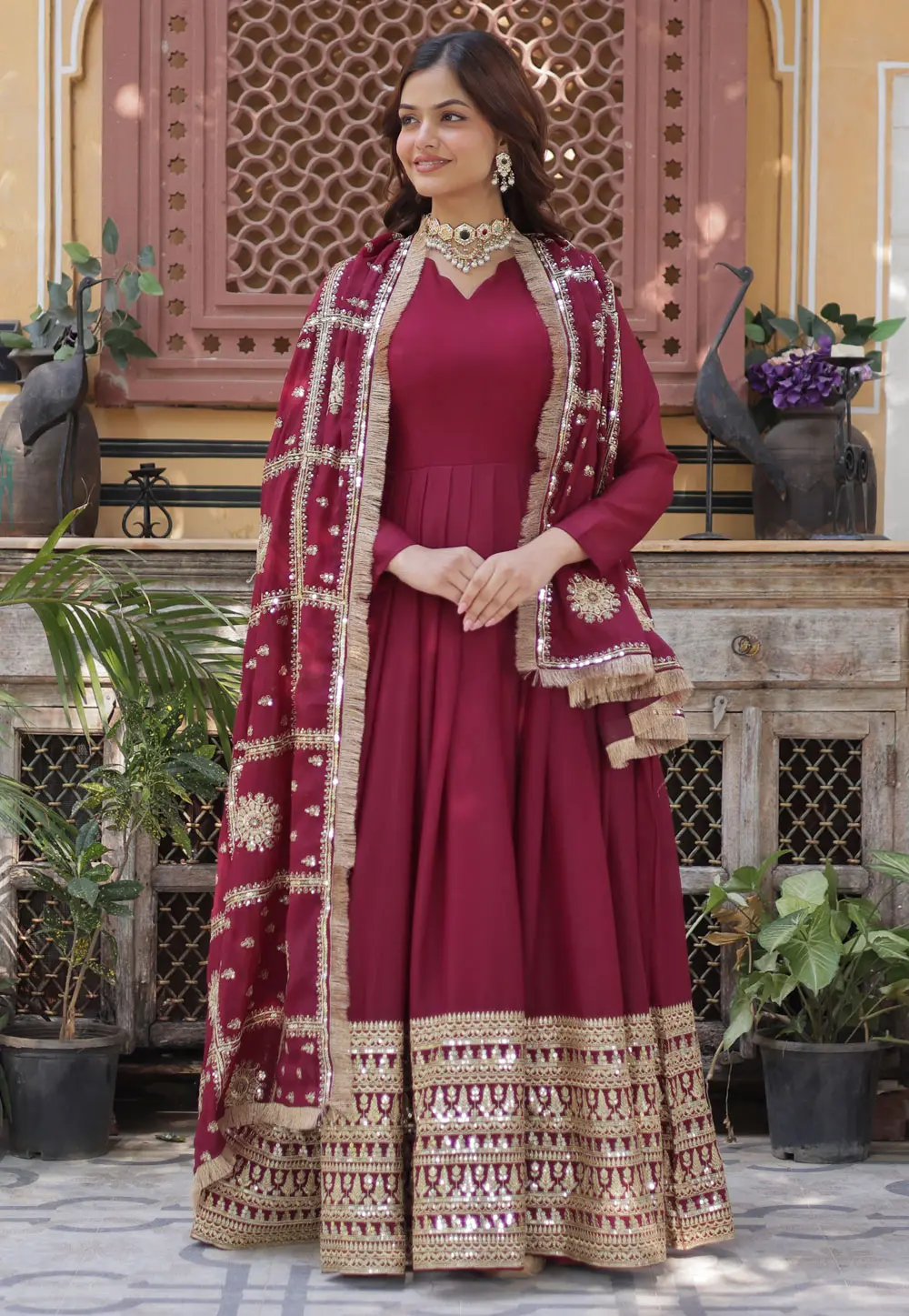 Maroon Georgette Readymade Anarkali Suit 303367