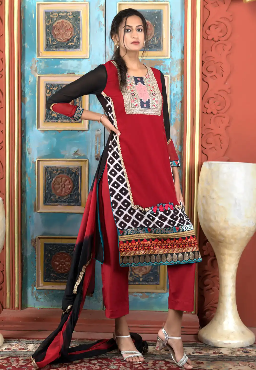 Maroon Georgette Readymade Pant Style Suit 293098