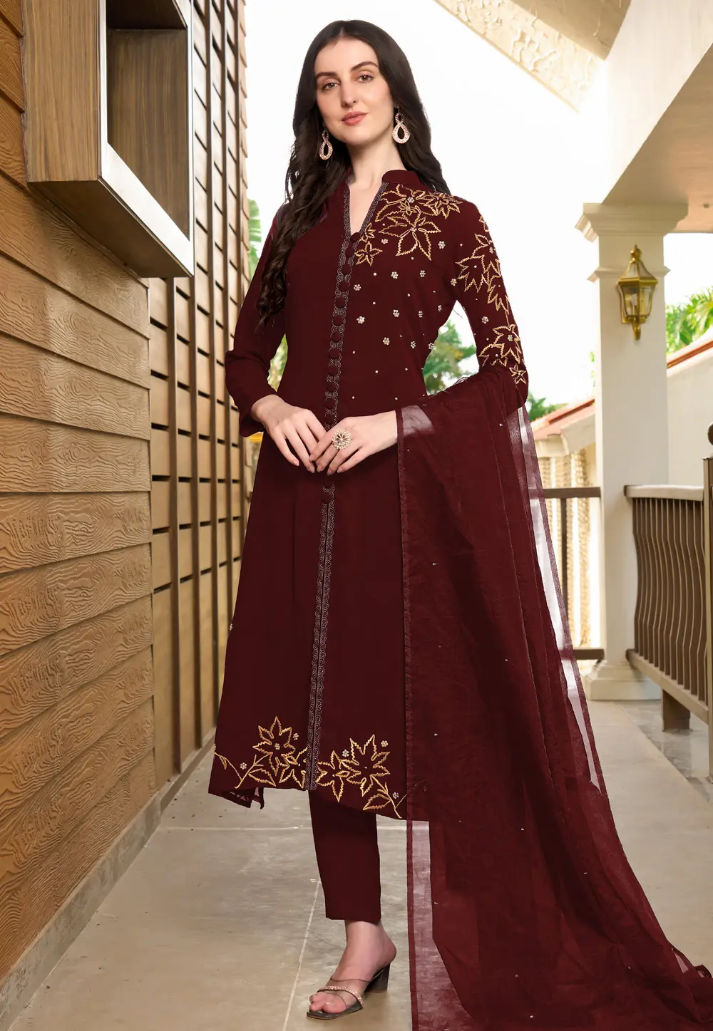 Maroon Georgette Readymade Pant Style Suit 303335