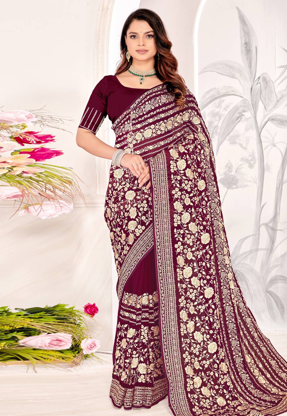 Maroon Georgette Saree With Blouse 311034