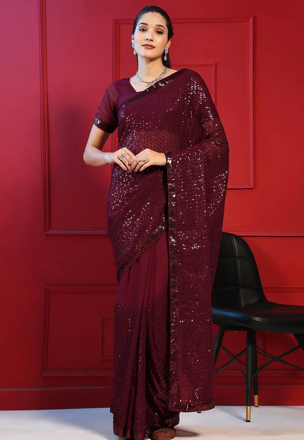 Maroon Georgette Sequence Saree 289342