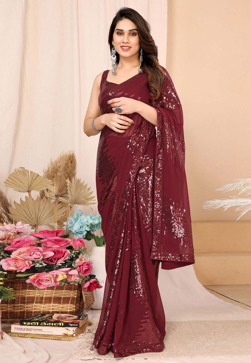 Maroon Georgette Sequence Saree 310824