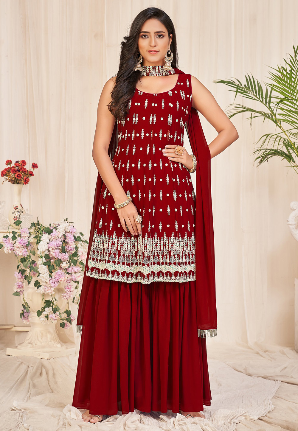 Maroon Georgette Sharara Suit 305720