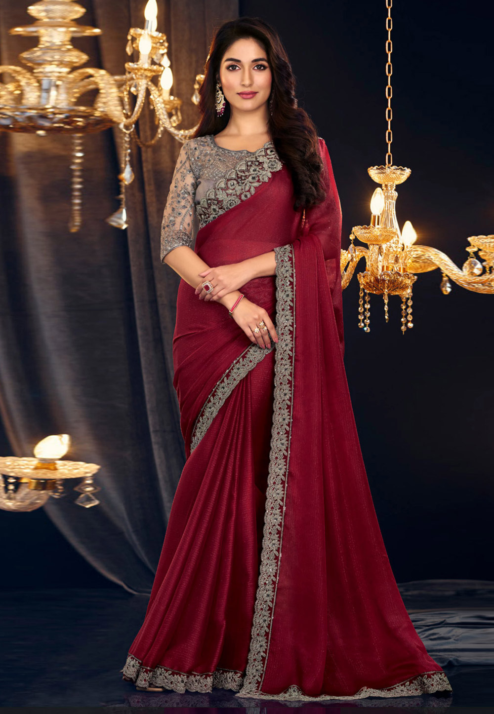 Maroon Georgette Shimmer Saree With Blouse 286501